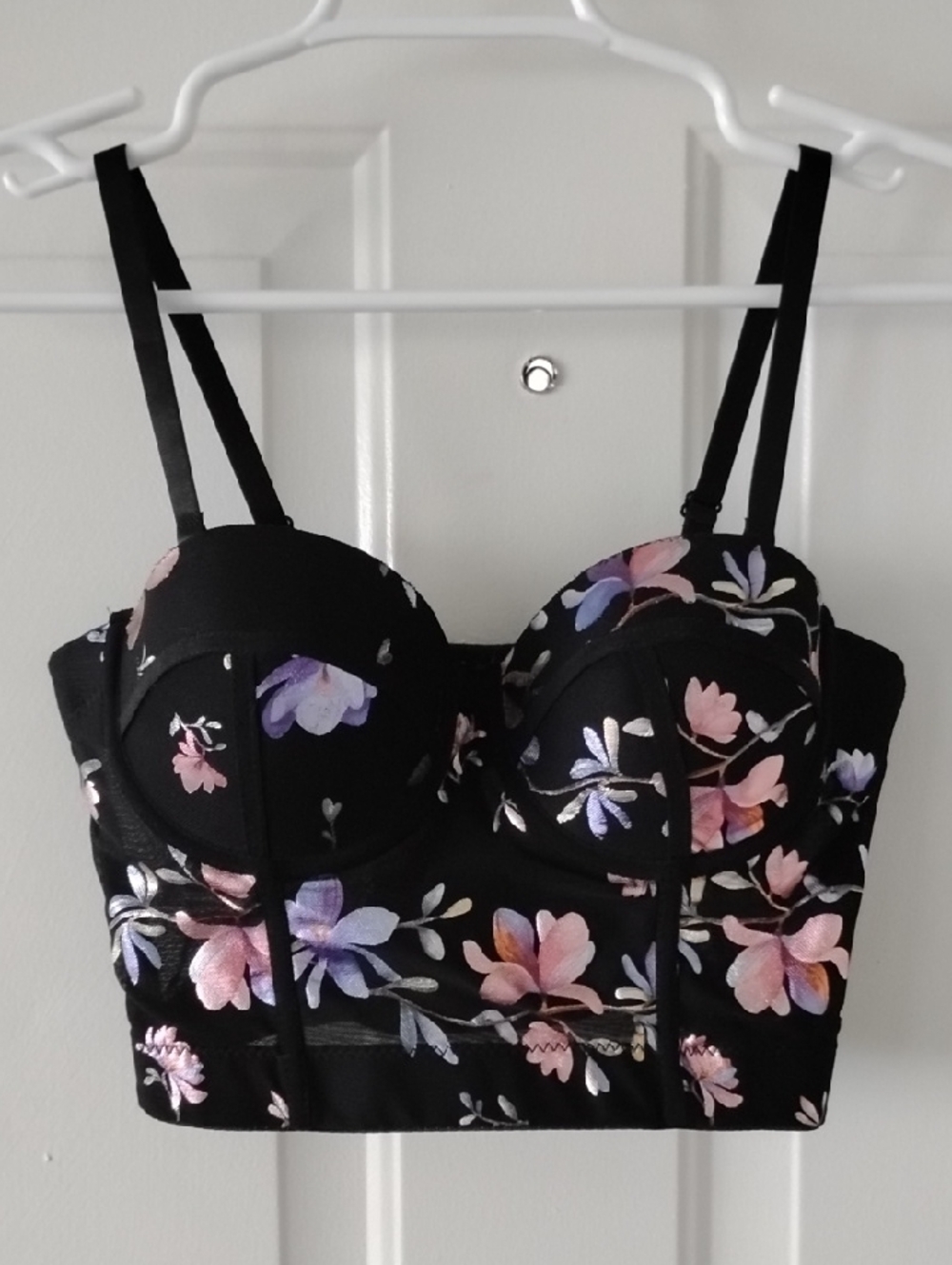Black Floral Bustier Crop Top with Pastel Flowers